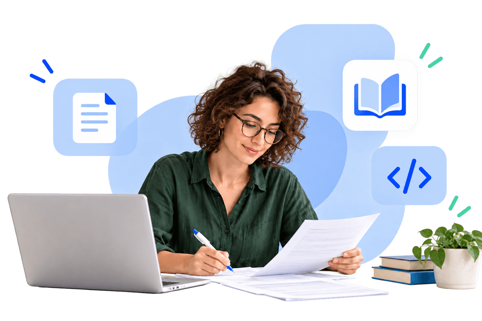 Focused translator reviewing documents